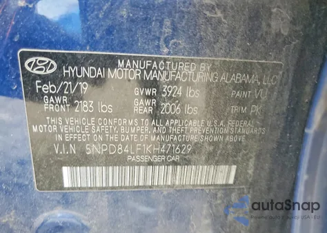 2019 Hyundai Elantra Sel z USA, uszkodzony, nr VIN 5NPD84LF1KH471629